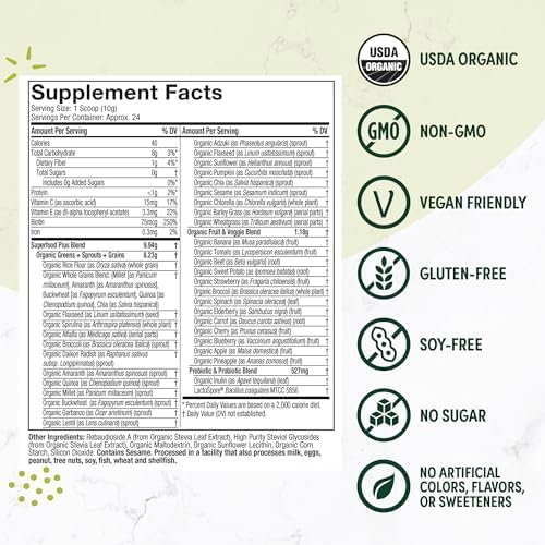 Purely Inspired Organic Greens, USDA Organic, Super Greens Powder, Unflavored, 7.17oz (203g), 20 servings