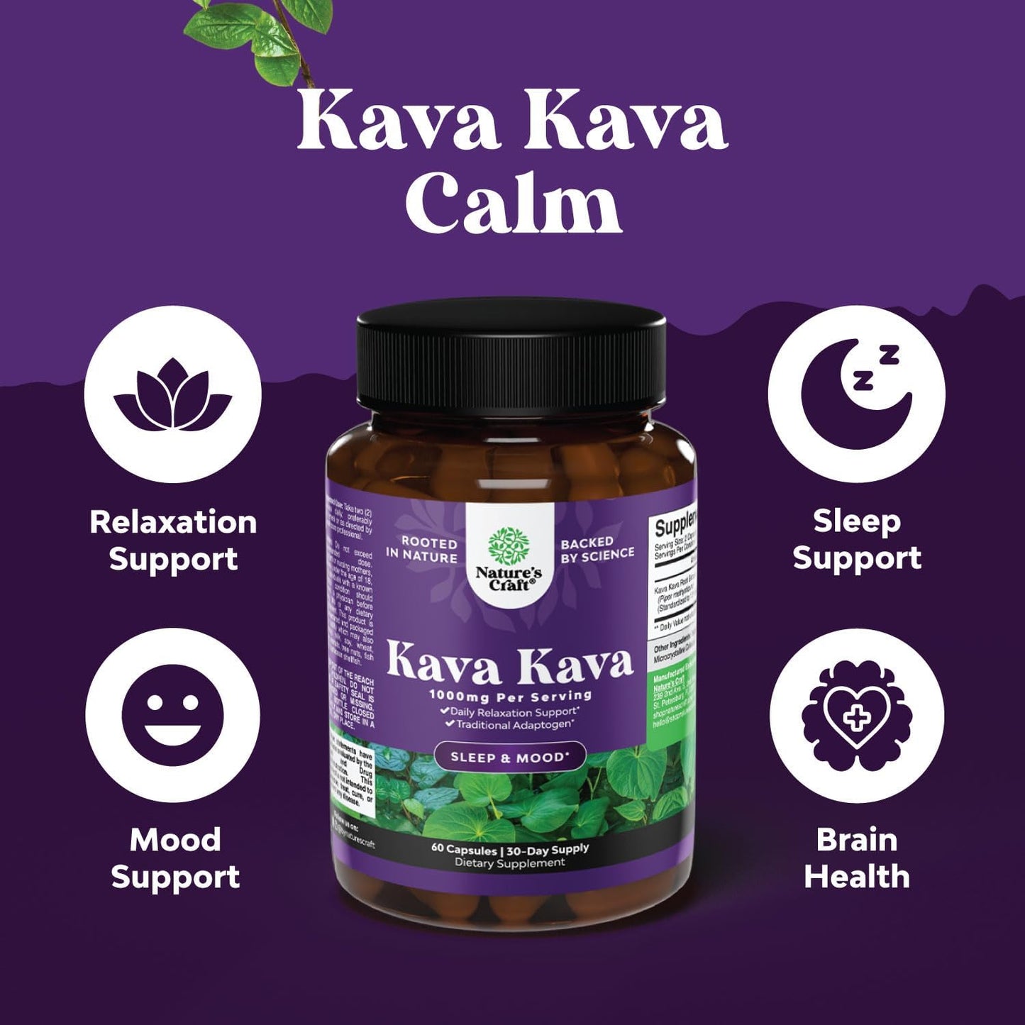 Kava Kava Nootropic Brain Supplement - Brain Booster Kava Kava Capsules for Natural Sleep Aid Mood Brain Fog and Stress Relief - Kava Kava Extract Muscle Relaxer Pills