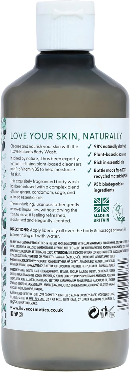 I Love Naturals Rose & Argan Body Wash, Natural Oils Of Rose & Patchouli, Formulated Using Essential Oils For Silky Smooth & Moisturised Skin, 100% Recycled Bottle & Vegan-Friendly - 500ml