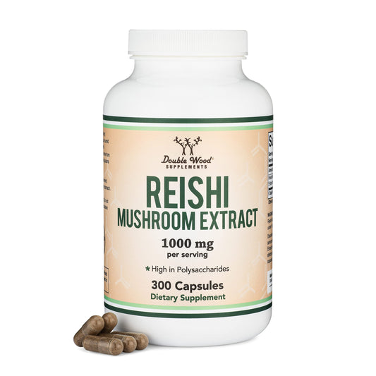 Reishi Mushroom Capsules (4:1 Ganoderma Extract, 1,000mg Reishi Powder Servings) 300 Count, 5 Month Supply, for Immune System Support and Defense by Double Wood Supplements