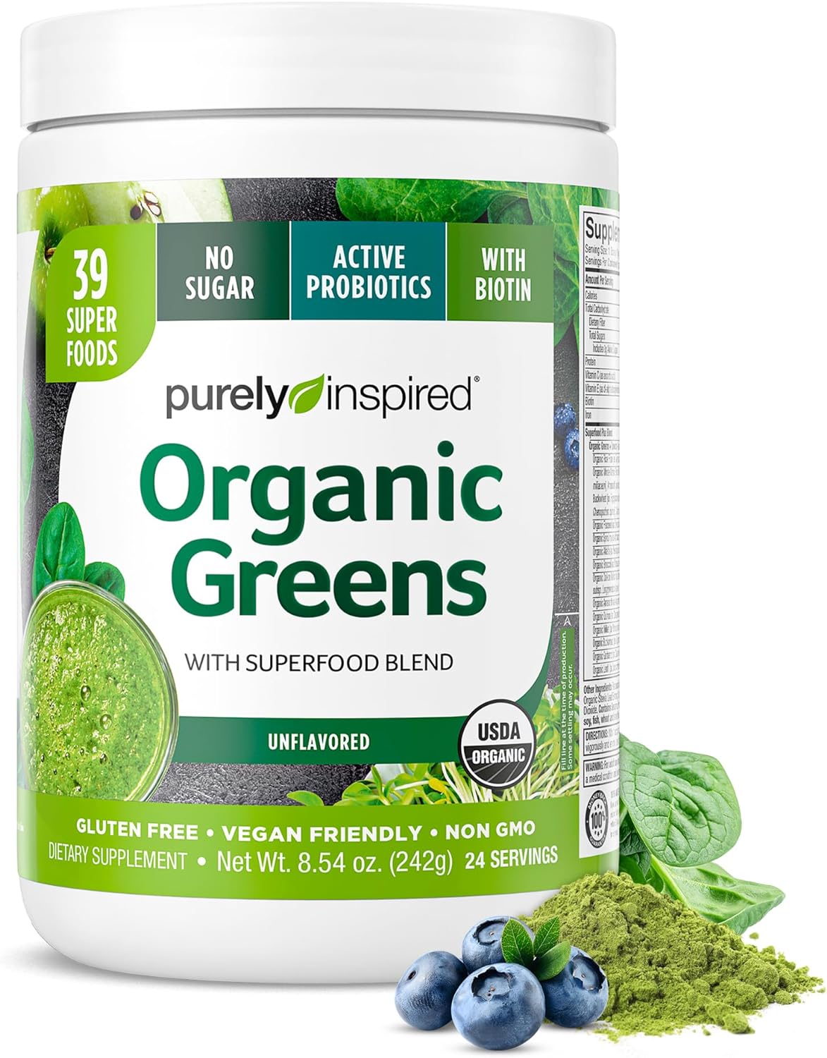 Purely Inspired Organic Greens, USDA Organic, Super Greens Powder, Unflavored, 7.17oz (203g), 20 servings