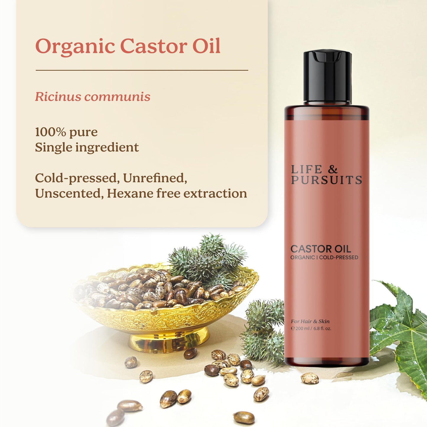 Organic Castor Oil (200 ml), 100% Pure, Cold-pressed, Hexane Free | Life & Pursuits Castor Oil for Hair Growth, Eyebrows, Eyelashes and Dry Skin (Packaging May Vary)